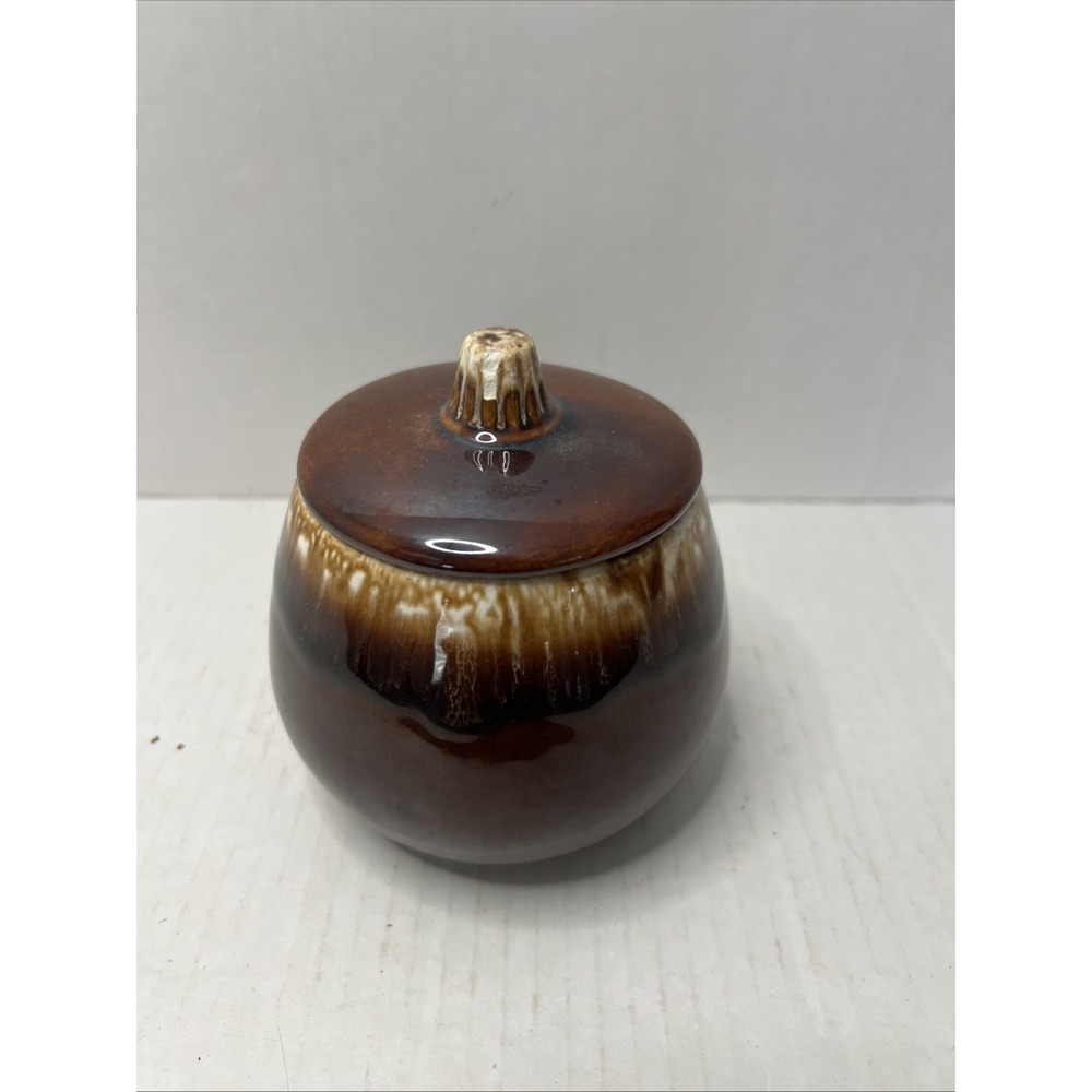 McCoy Pottery 4" Sugar Bowl With Lid Brown Drip Glaze 1960s USA Read Description